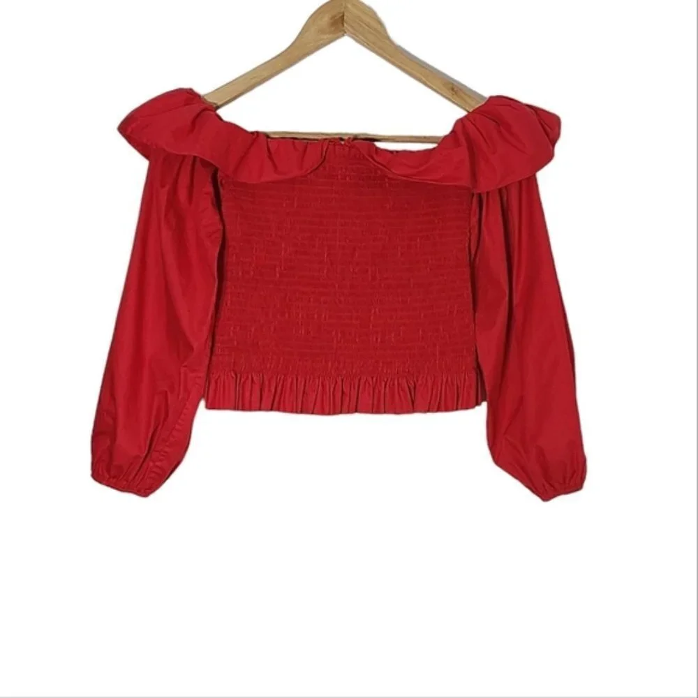 MAJE Lenda Off-The-Shoulder Smocked Cotton Top Women's Size S - Picture 3 of 16